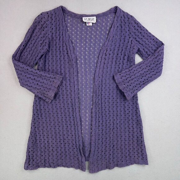 La Belle Sweaters - La Belle Cardigan Women M Purple Lace Crochet Open Flowy Drapey Coastal Cottage
